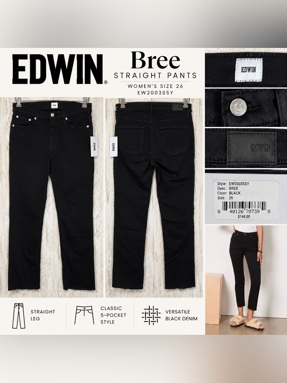 EDWIN Bree Straight Leg Pants Women’s Size 26 Black EW2003SSY NWT
